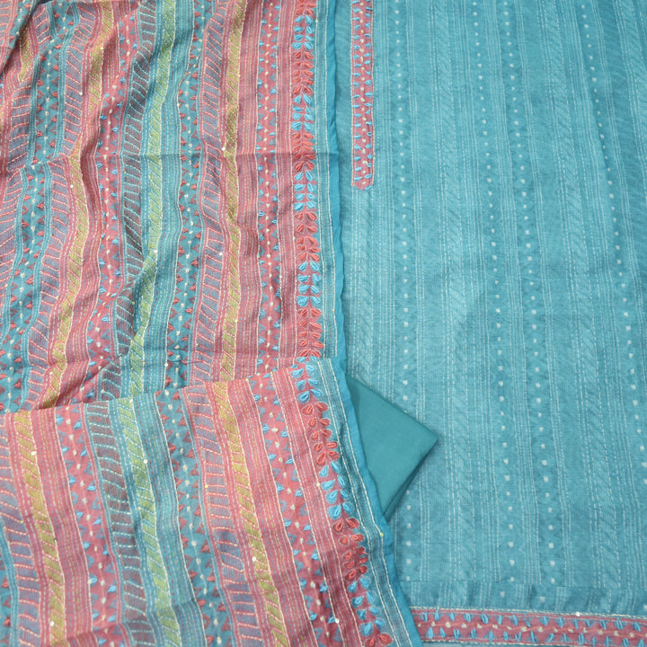 Riwahyaat Sapphire Blue Digital Printed Kantha Work Chanderi Suit Set