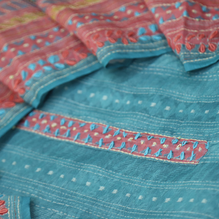 Riwahyaat Sapphire Blue Digital Printed Kantha Work Chanderi Suit Set