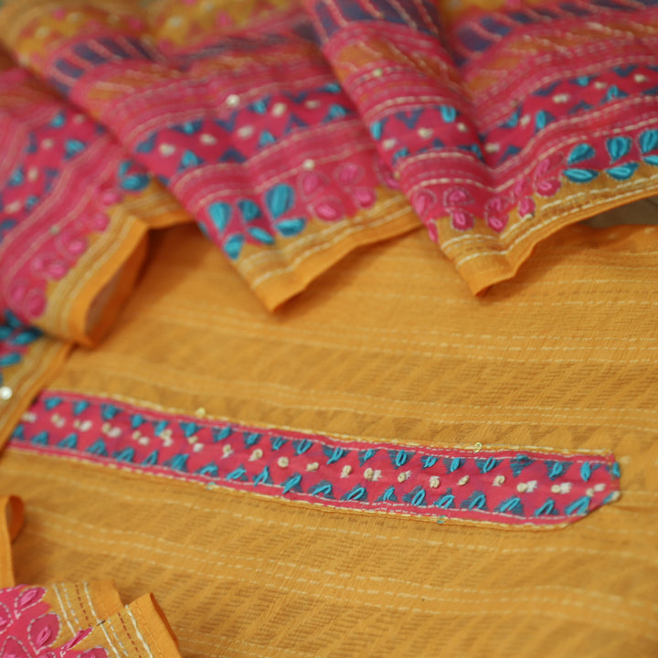 Riwahyaat Dandelion Yellow Digital Printed Kantha Work Chanderi Suit Set