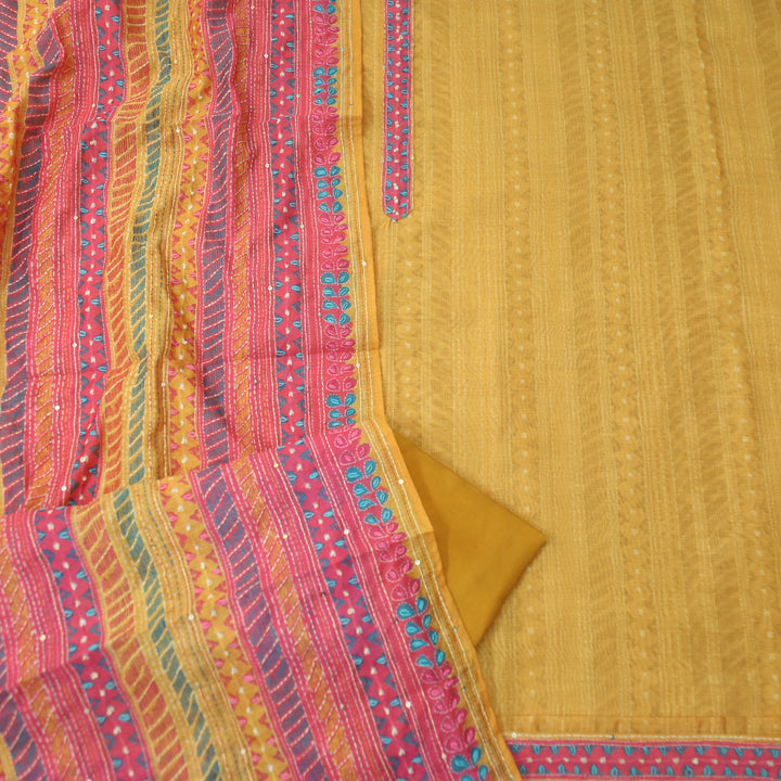 Riwahyaat Dandelion Yellow Digital Printed Kantha Work Chanderi Suit Set