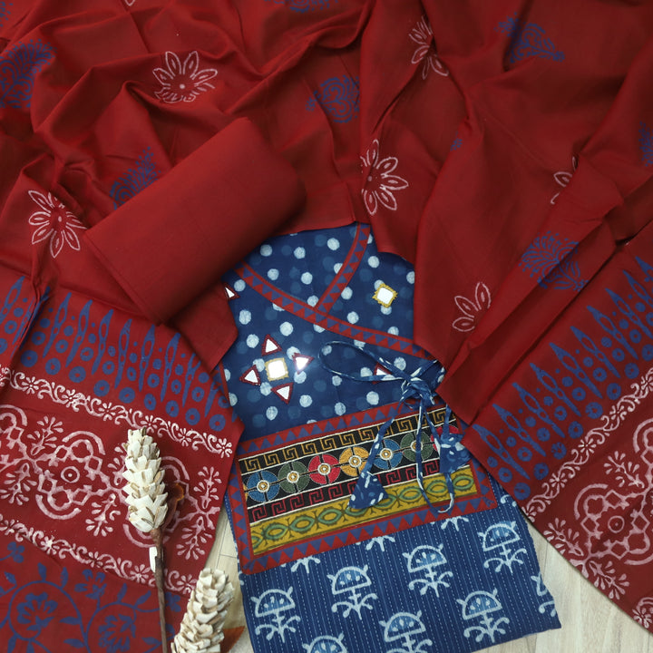 Nazara Indigo Blue Kutch Mirror Work Angrakha Dabu Printed Cotton Suit Set D5