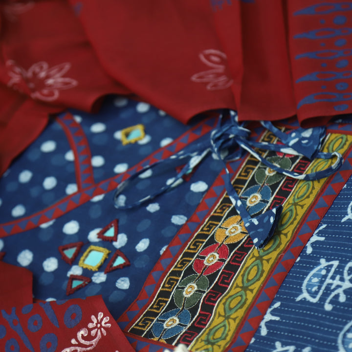 Nazara Indigo Blue Kutch Mirror Work Angrakha Dabu Printed Cotton Suit Set D5