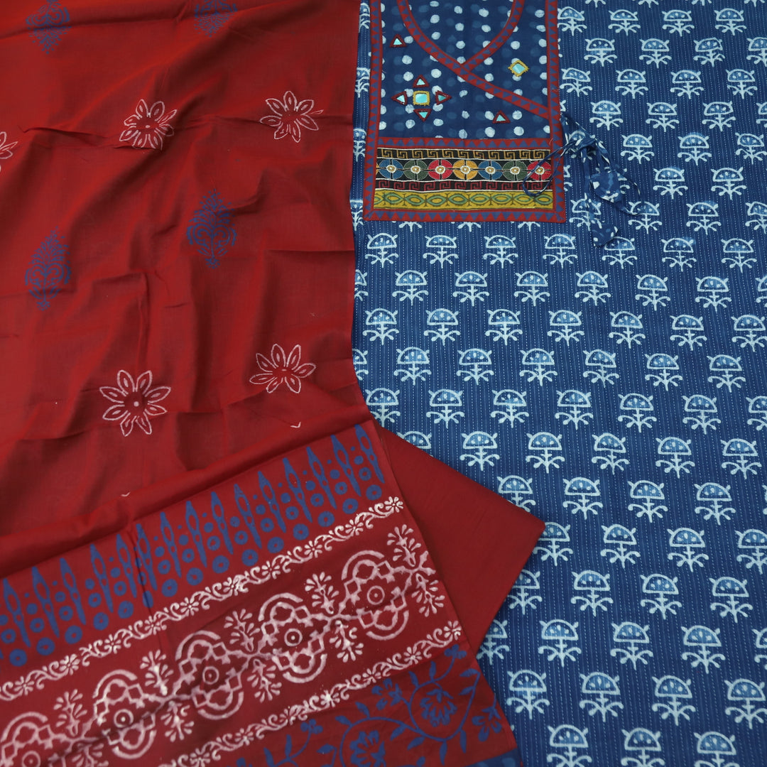 Nazara Indigo Blue Kutch Mirror Work Angrakha Dabu Printed Cotton Suit Set D5