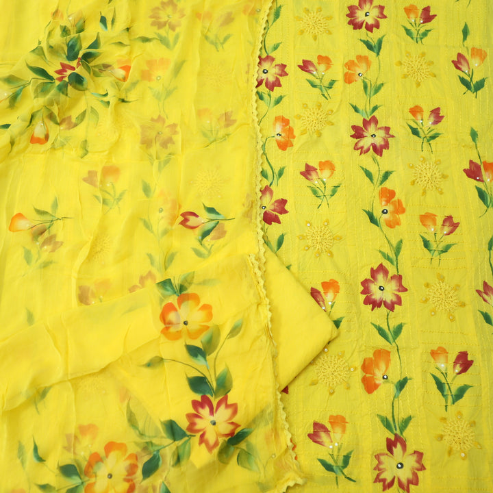 Shabaab Yellow Self Embriodered with Crochet Floral Hand Paint Cotton Suit Set