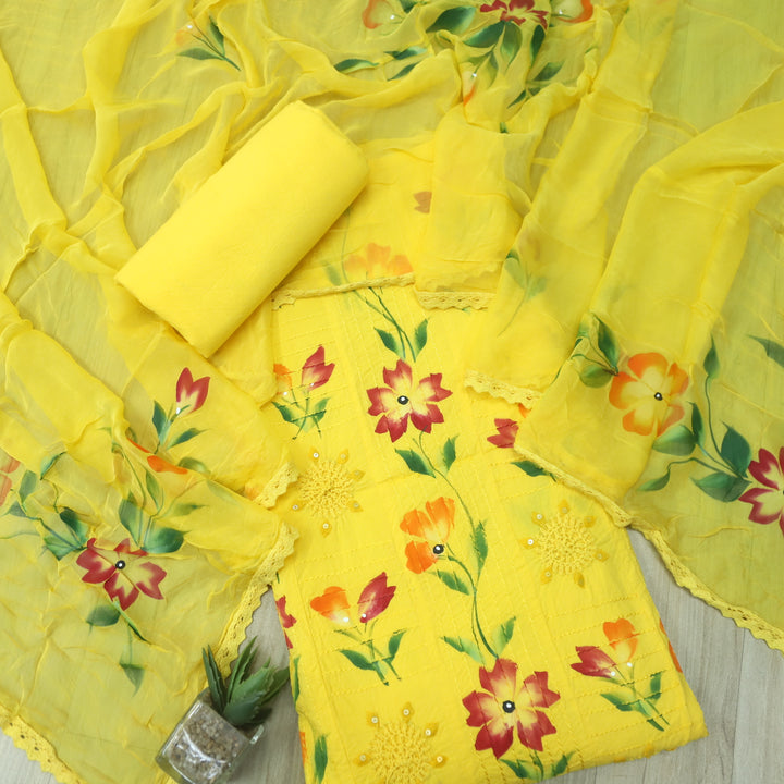 Shabaab Yellow Self Embriodered with Crochet Floral Hand Paint Cotton Suit Set