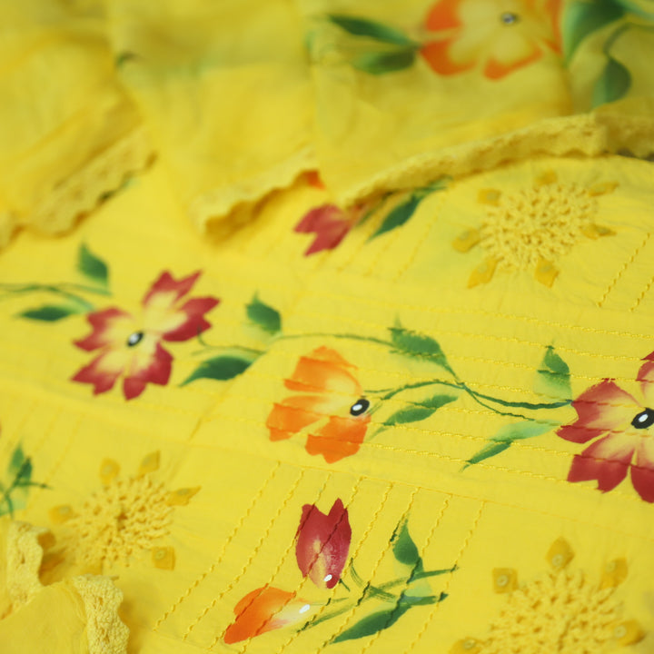 Shabaab Yellow Self Embriodered with Crochet Floral Hand Paint Cotton Suit Set