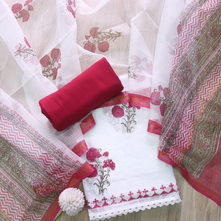 Kamleya White with Pink Floral Hand Paint Self Embriodered Kota Doriya Suit Set