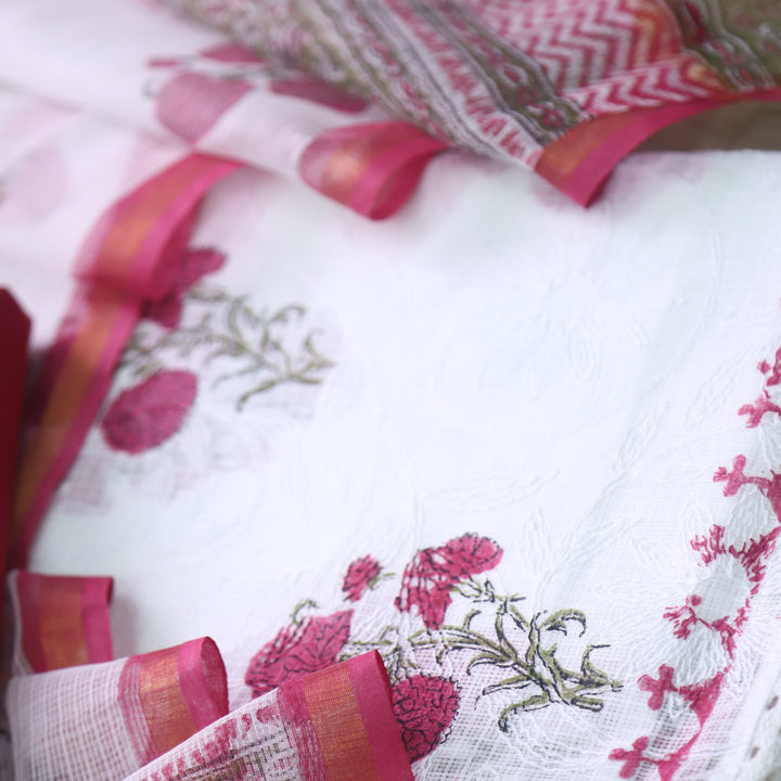 Kamleya White with Pink Floral Hand Paint Self Embriodered Kota Doriya Suit Set