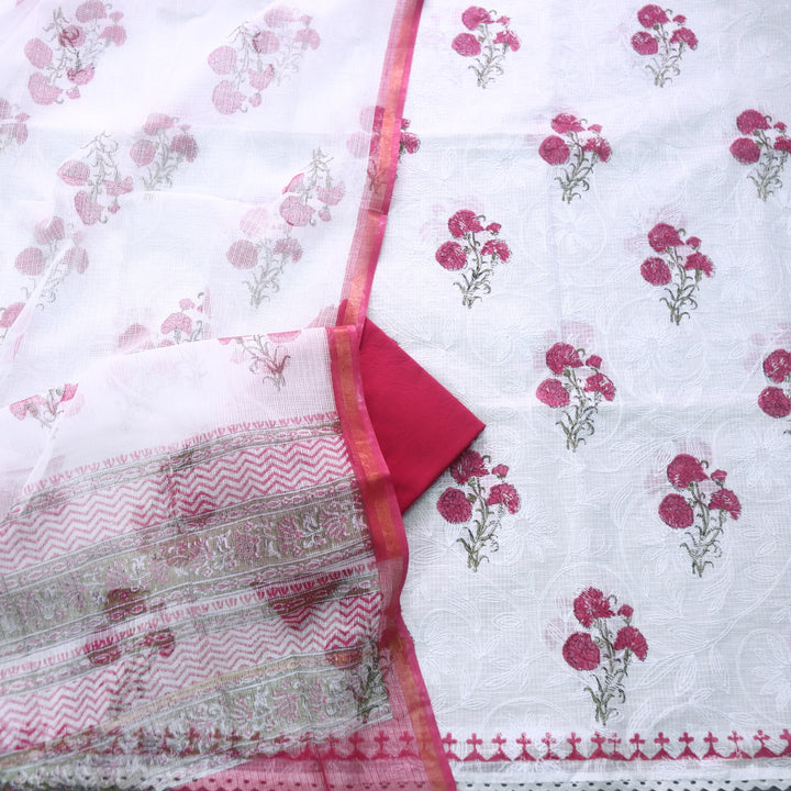 Kamleya White with Pink Floral Hand Paint Self Embriodered Kota Doriya Suit Set