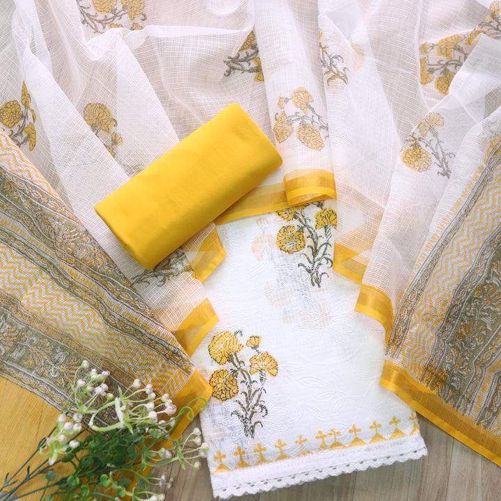 Kamleya White with Yellow Floral Hand Paint Self Embriodered Kota Doriya Suit Set