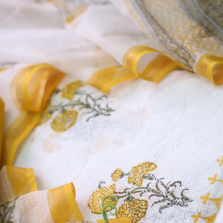 Kamleya White with Yellow Floral Hand Paint Self Embriodered Kota Doriya Suit Set
