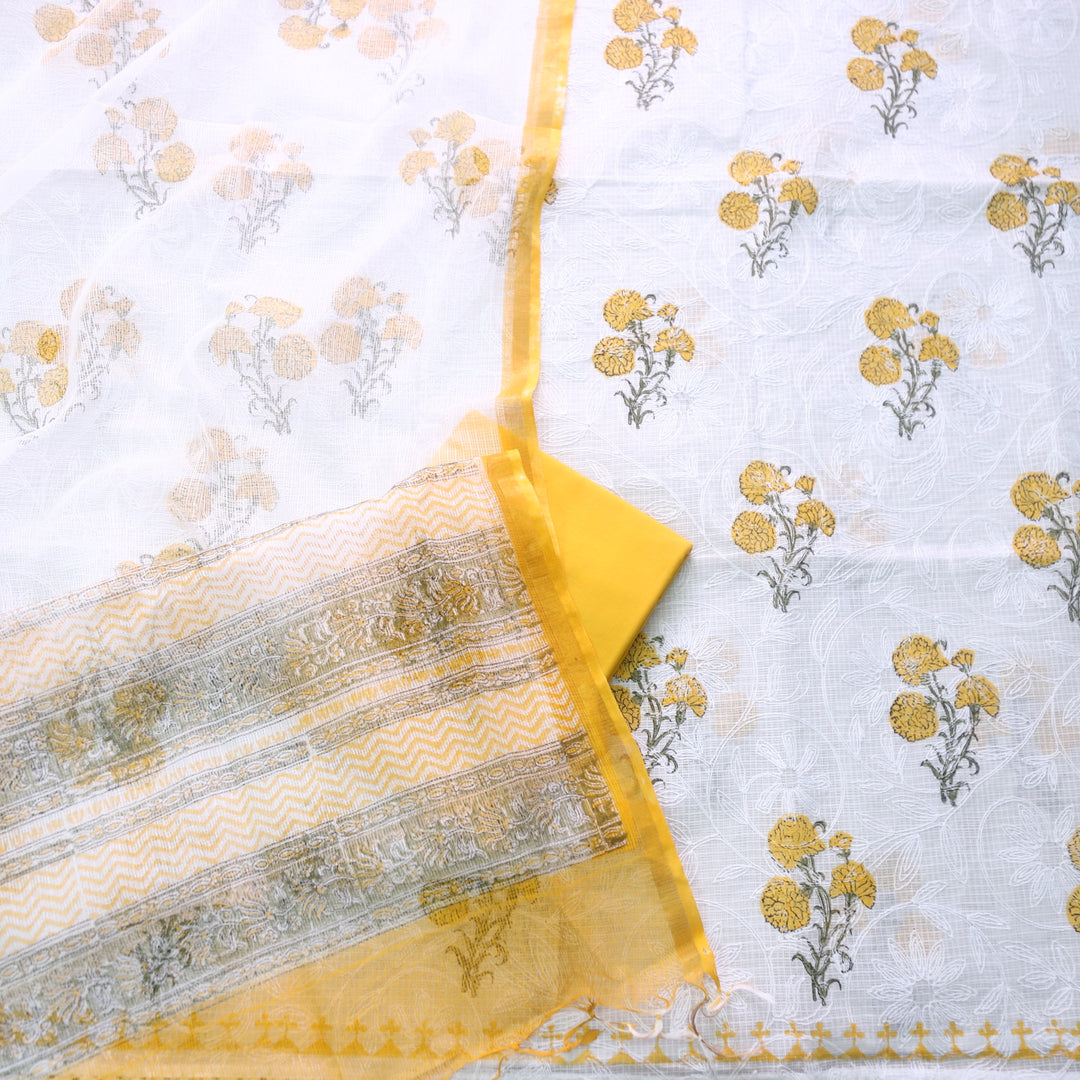 Kamleya White with Yellow Floral Hand Paint Self Embriodered Kota Doriya Suit Set
