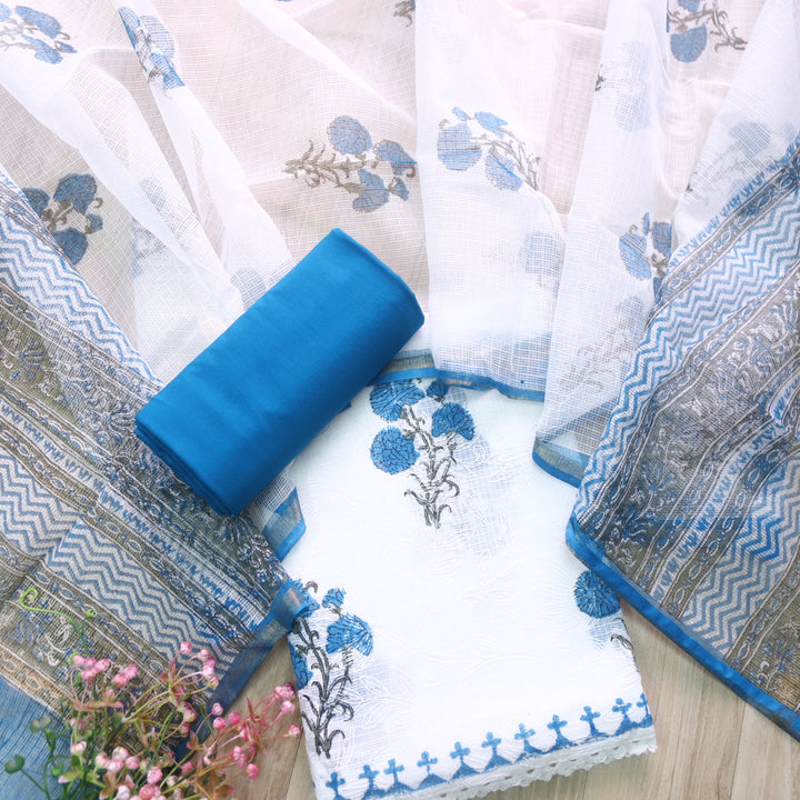 Kamleya White with Blue Floral Hand Paint Self Embriodered Kota Doriya Suit Set