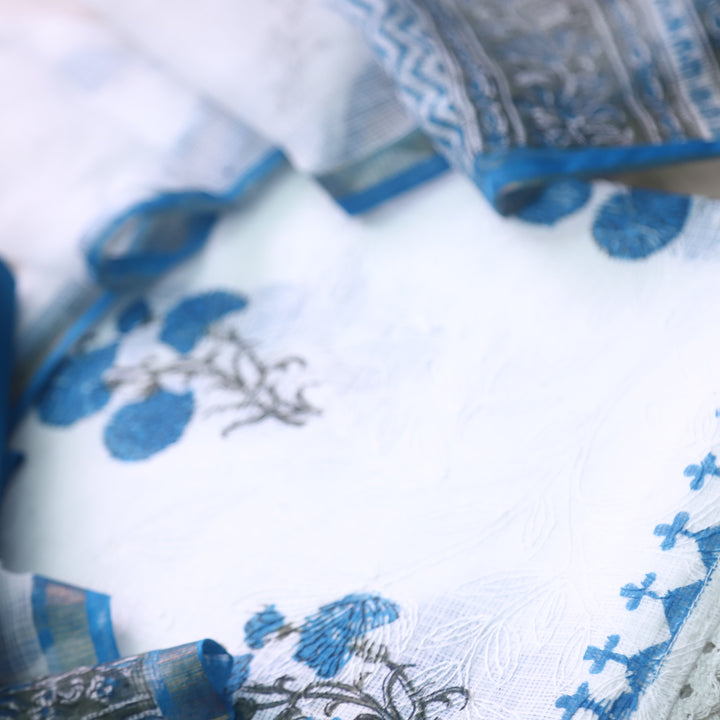 Kamleya White with Blue Floral Hand Paint Self Embriodered Kota Doriya Suit Set