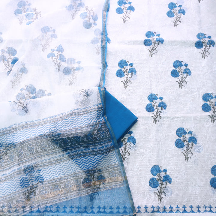 Kamleya White with Blue Floral Hand Paint Self Embriodered Kota Doriya Suit Set