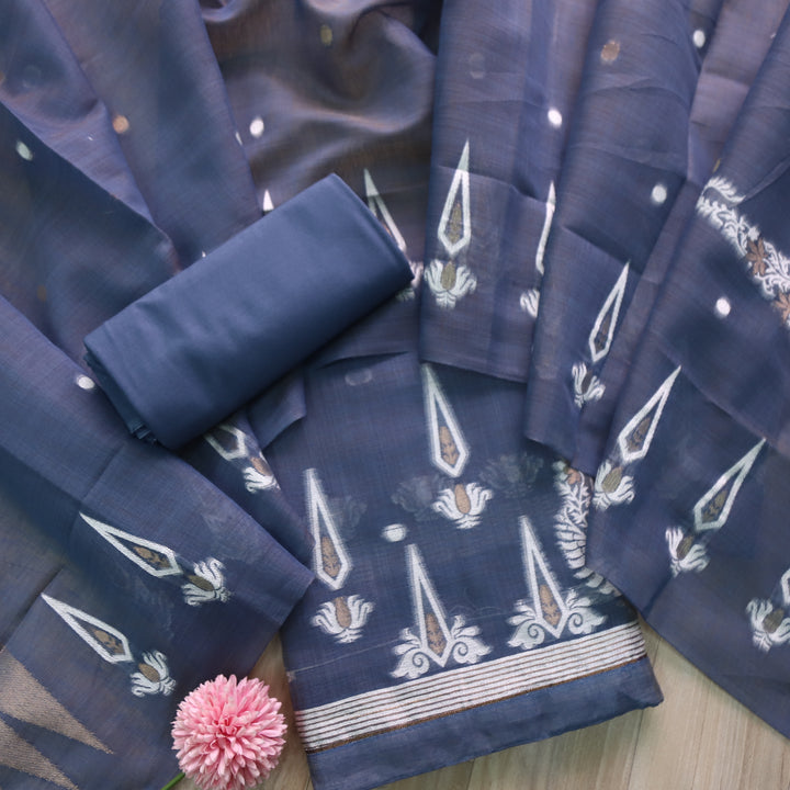 Rubaroo Cerulean Blue with Zari and Weaved Jamdani Suit Set