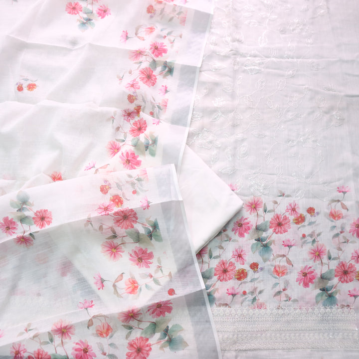 Himayati White Floral Printed with Thread Detailing Cotton linen Suit Set
