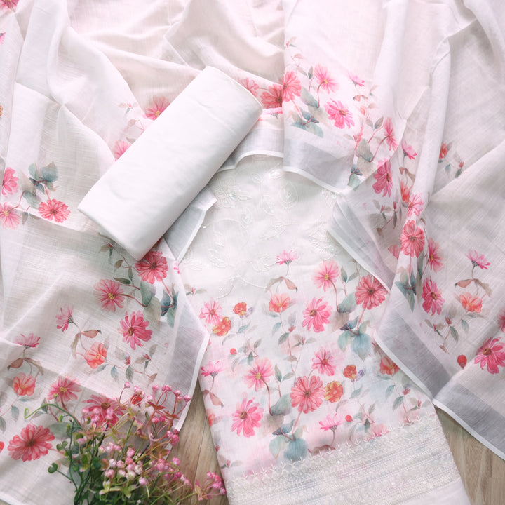 Himayati White Floral Printed with Thread Detailing Cotton linen Suit Set