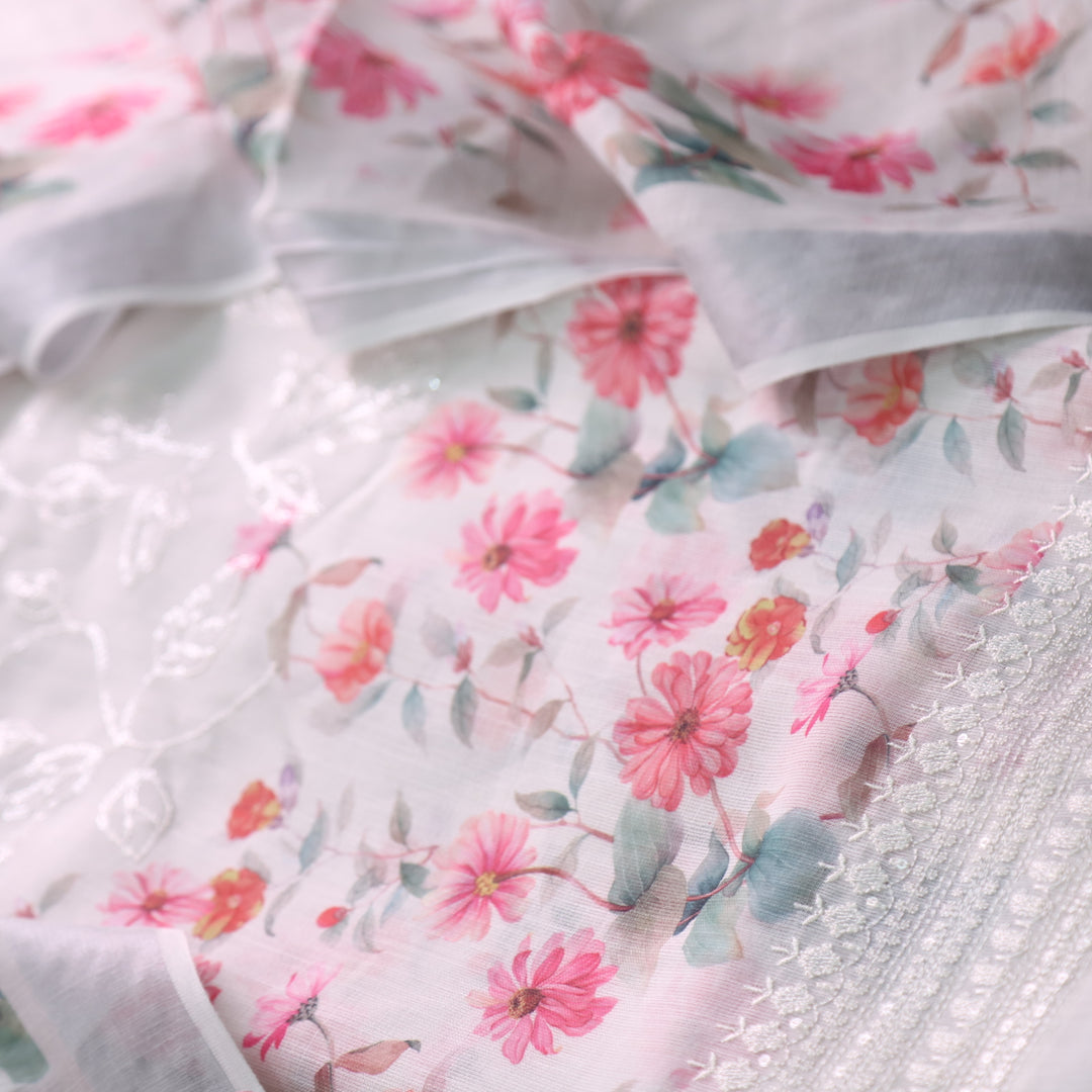 Himayati White Floral Printed with Thread Detailing Cotton linen Suit Set