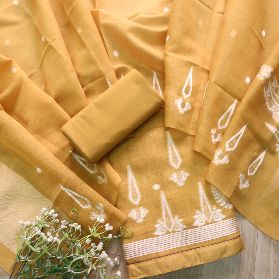 Rubaroo Dijon Yellow with Zari and Weaved Jamdani Suit Set