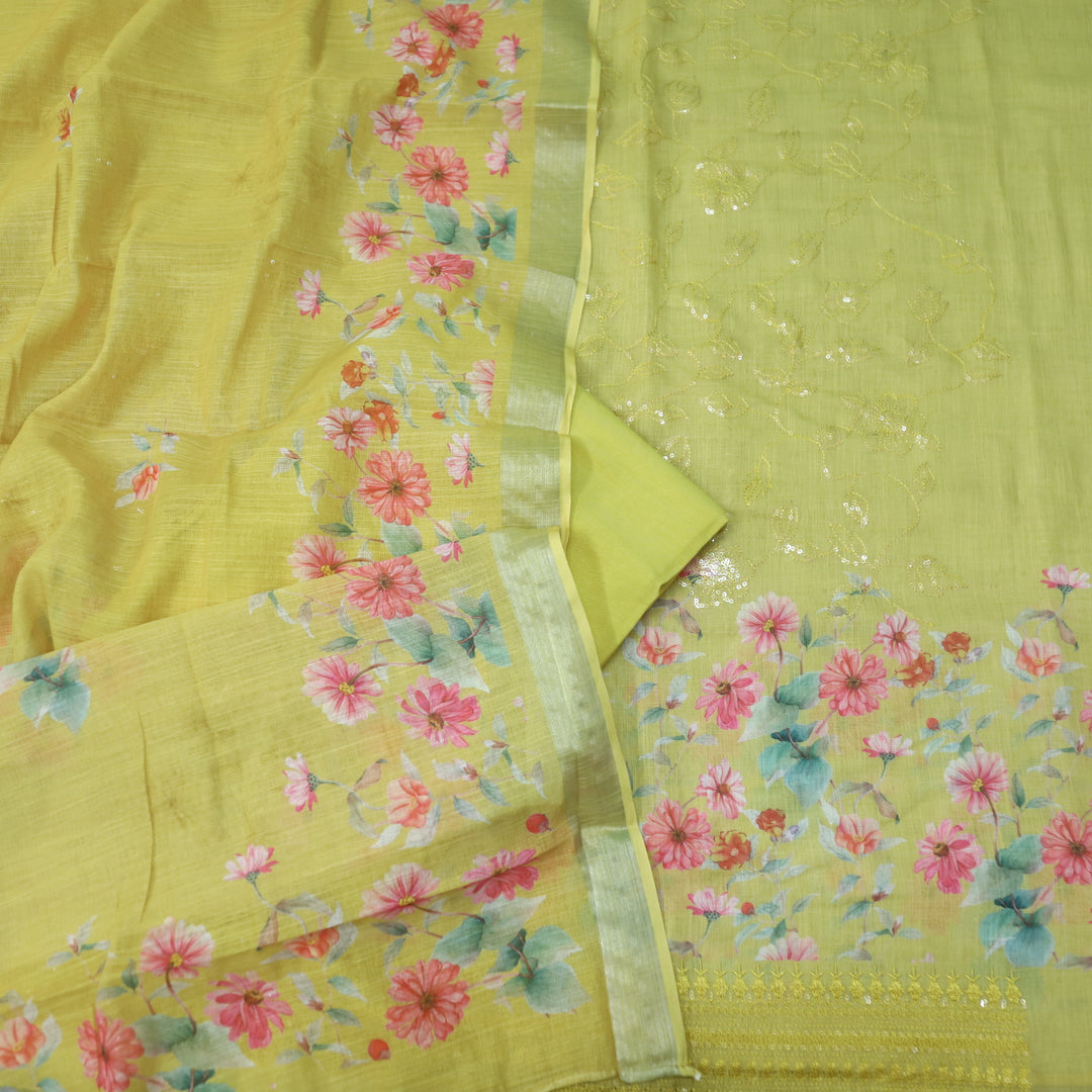 Himayati Yellow Floral Printed with Thread Detailing Cotton linen Suit Set