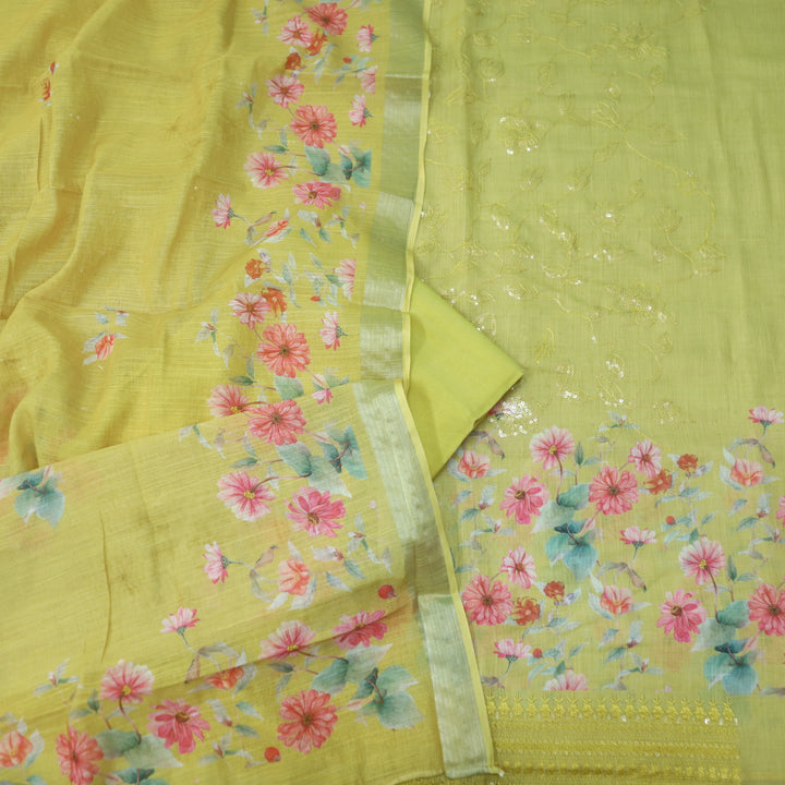 Himayati Yellow Floral Printed with Thread Detailing Cotton linen Suit Set