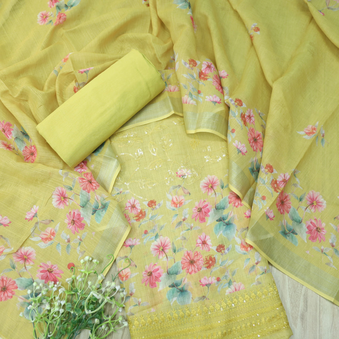 Himayati Yellow Floral Printed with Thread Detailing Cotton linen Suit Set