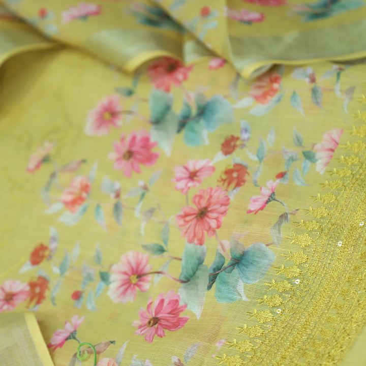 Himayati Yellow Floral Printed with Thread Detailing Cotton linen Suit Set