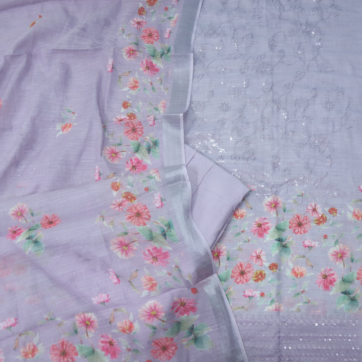 Himayati Lavender Floral Printed with Thread Detailing Cotton linen Suit Set