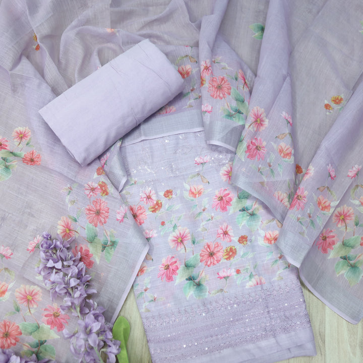 Himayati Lavender Floral Printed with Thread Detailing Cotton linen Suit Set