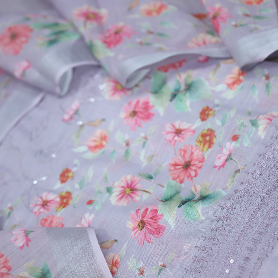 Himayati Lavender Floral Printed with Thread Detailing Cotton linen Suit Set