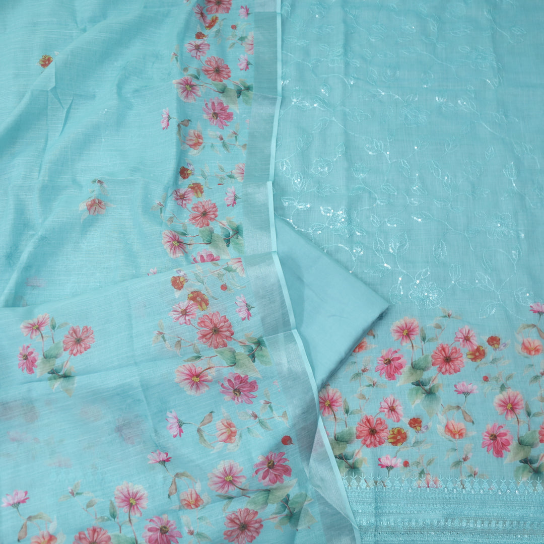 Himayati Aqua Blue Floral Printed with Thread Detailing Cotton linen Suit Set