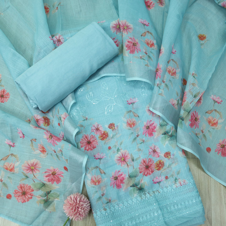 Himayati Aqua Blue Floral Printed with Thread Detailing Cotton linen Suit Set