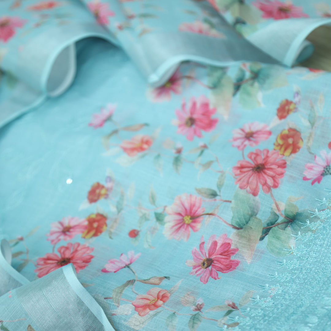 Himayati Aqua Blue Floral Printed with Thread Detailing Cotton linen Suit Set
