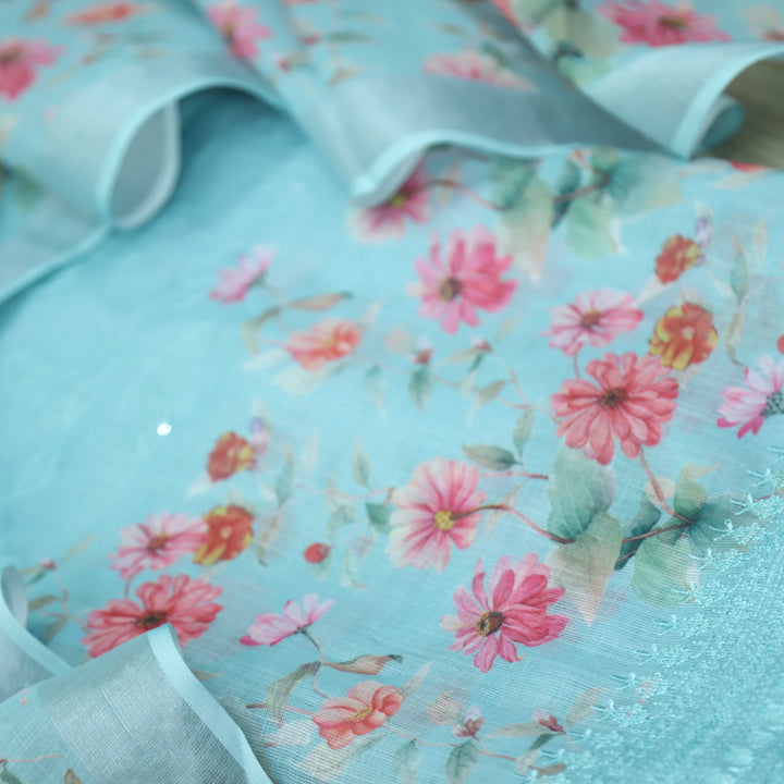 Himayati Aqua Blue Floral Printed with Thread Detailing Cotton linen Suit Set