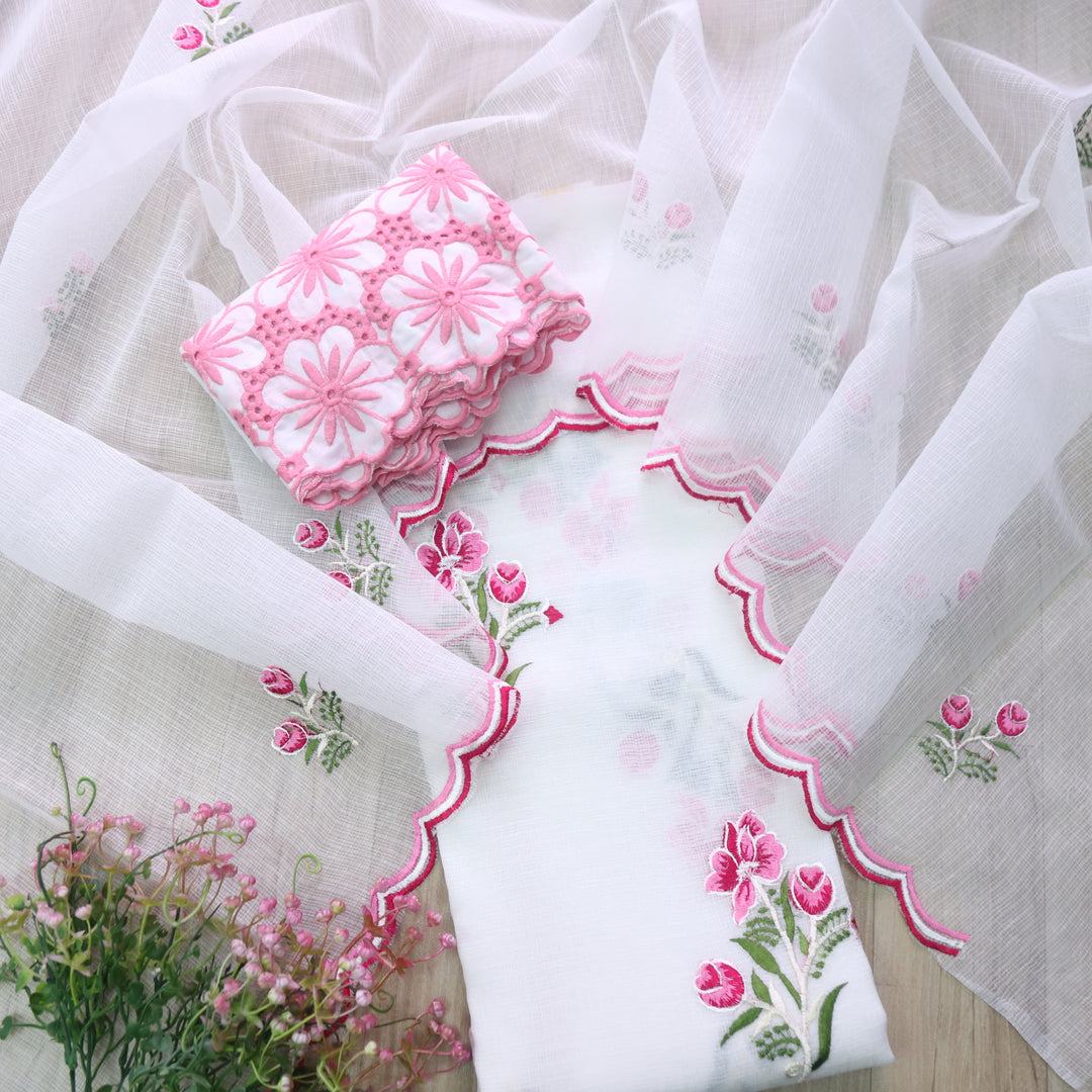 Udarri White with Cut Work Bottom and Floral Embriodered Kota Doriya Suit Set