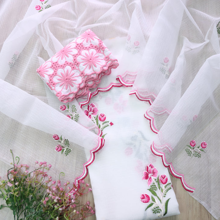Udarri White with Cut Work Bottom and Floral Embriodered Kota Doriya Suit Set