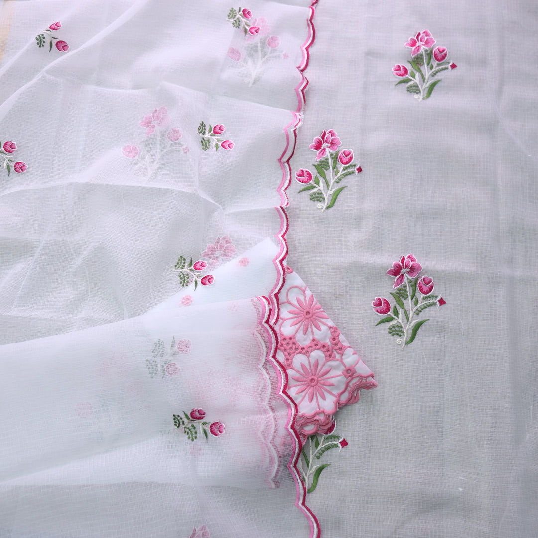 Udarri White with Cut Work Bottom and Floral Embriodered Kota Doriya Suit Set