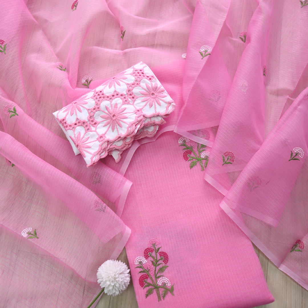 Udarri Pink with Cut Work Bottom and Floral Embriodered Kota Doriya Suit Set