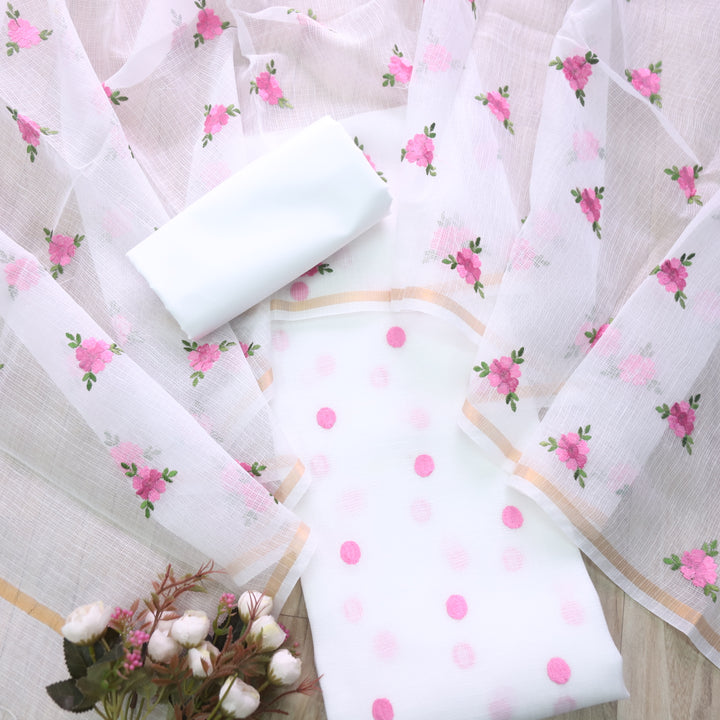 Udarri Pearl White All Over Embriodered Buti Work Kota Doriya Suit Set