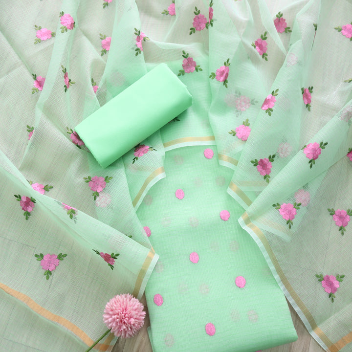 Udarri Parrot Green All Over Embriodered Buti Work Kota Doriya Suit Set