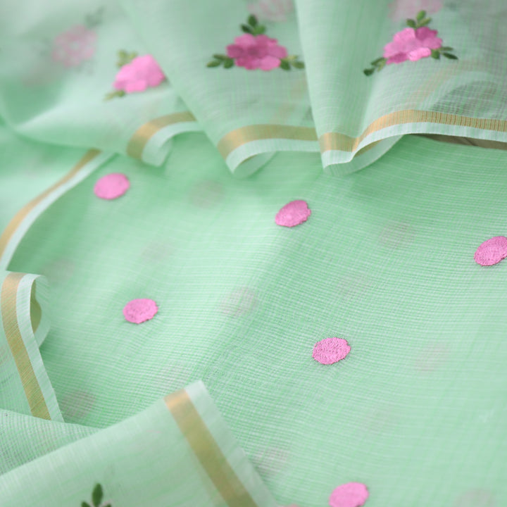 Udarri Parrot Green All Over Embriodered Buti Work Kota Doriya Suit Set