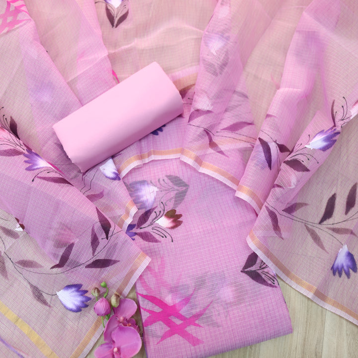 Udarri Orchid Purple Floral Hand Painted Kota Doriya Suit Set