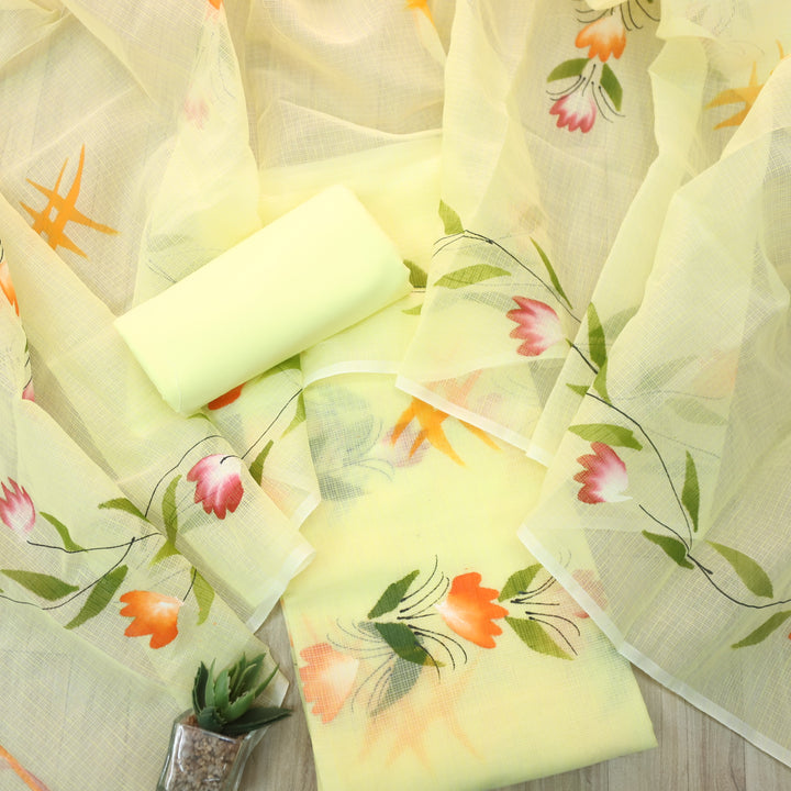 Udarri Buttermilk Yellow Floral Hand Painted Kota Doriya Suit Set