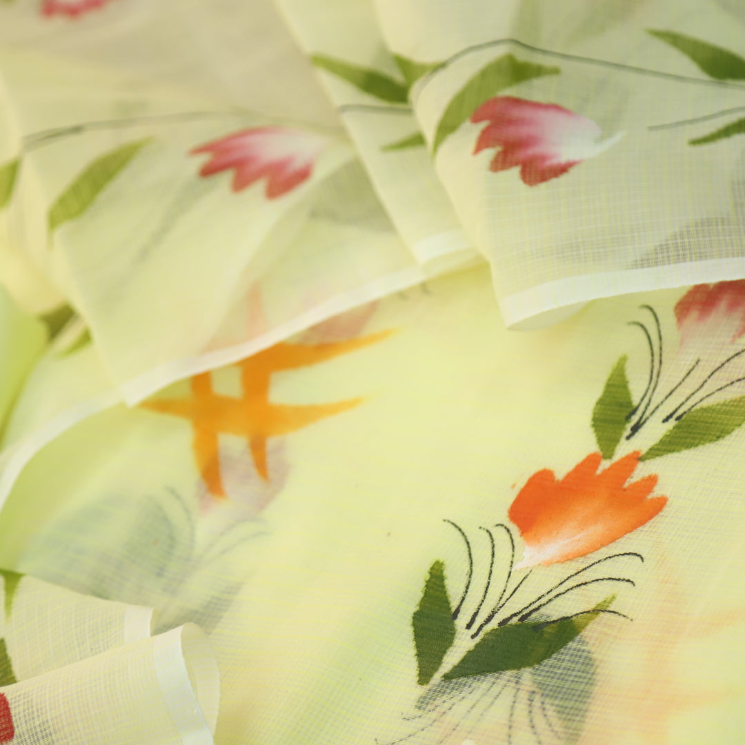 Udarri Buttermilk Yellow Floral Hand Painted Kota Doriya Suit Set