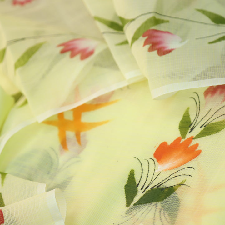 Udarri Buttermilk Yellow Floral Hand Painted Kota Doriya Suit Set