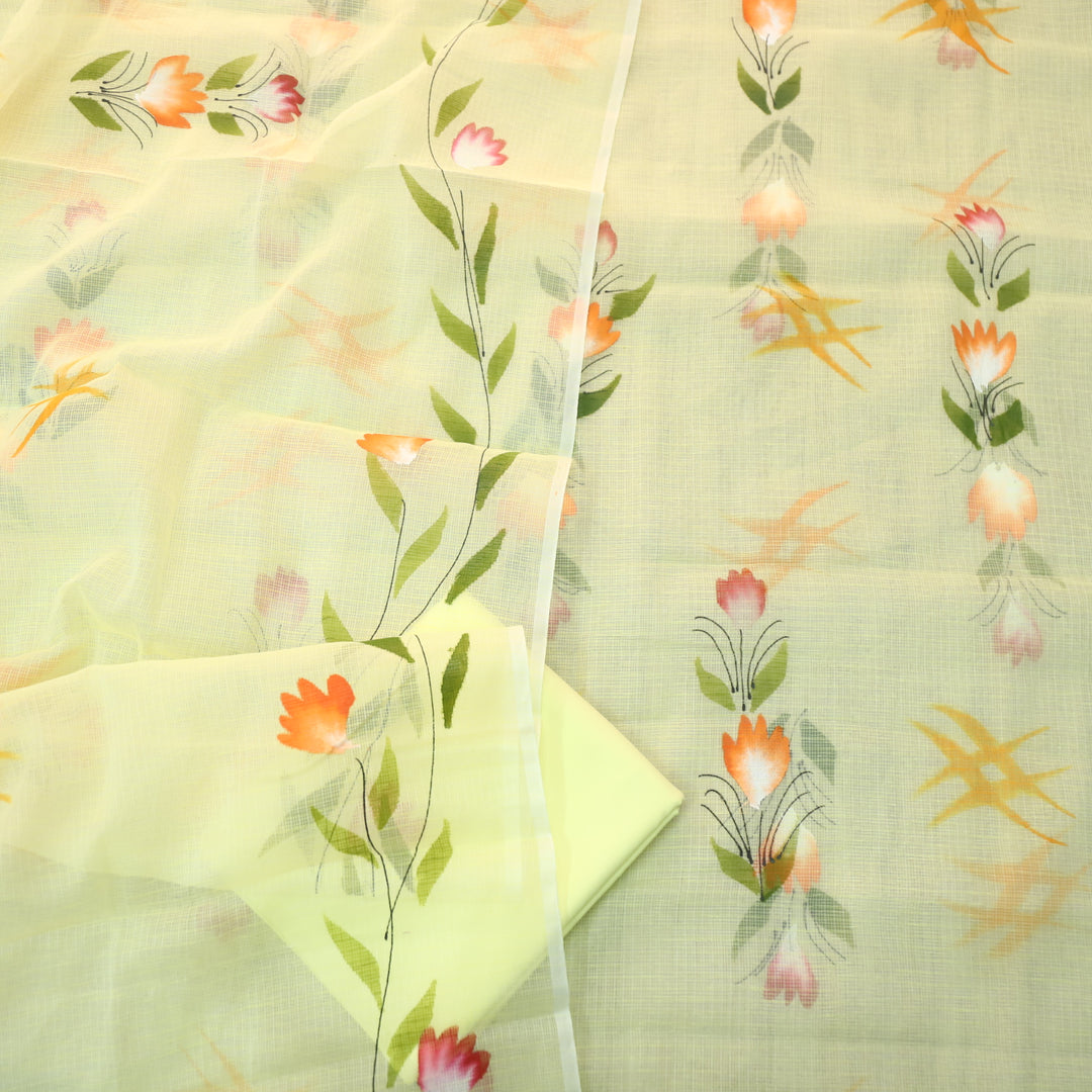 Udarri Buttermilk Yellow Floral Hand Painted Kota Doriya Suit Set
