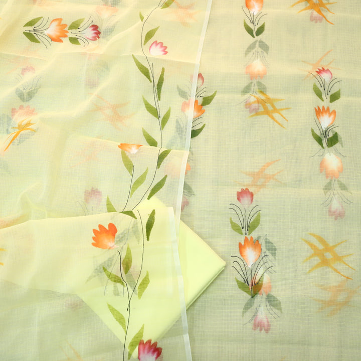 Udarri Buttermilk Yellow Floral Hand Painted Kota Doriya Suit Set