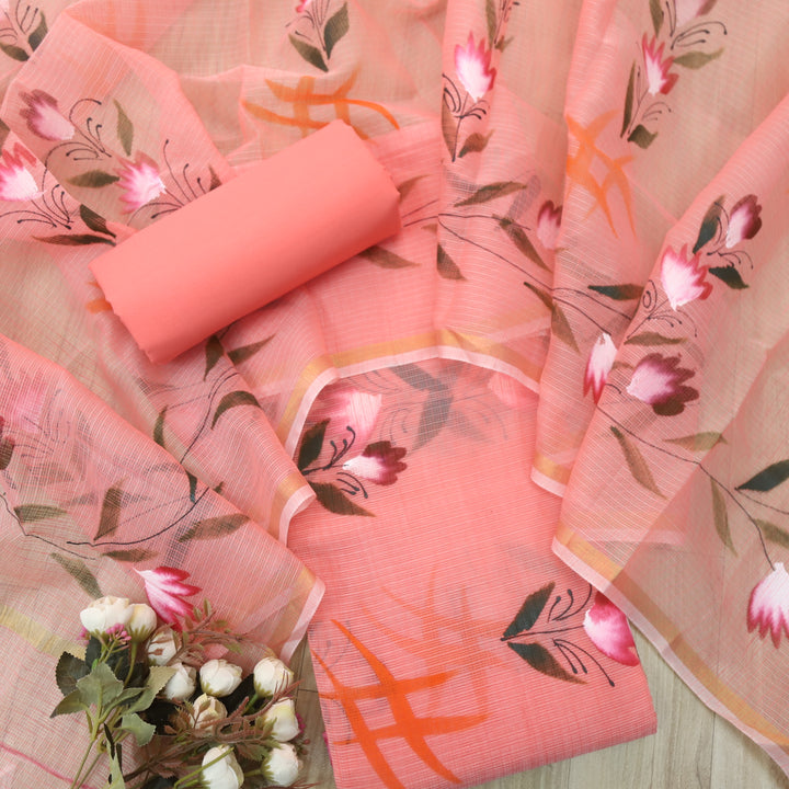 Udarri Coral Peach Floral Hand Painted Kota Doriya Suit Set