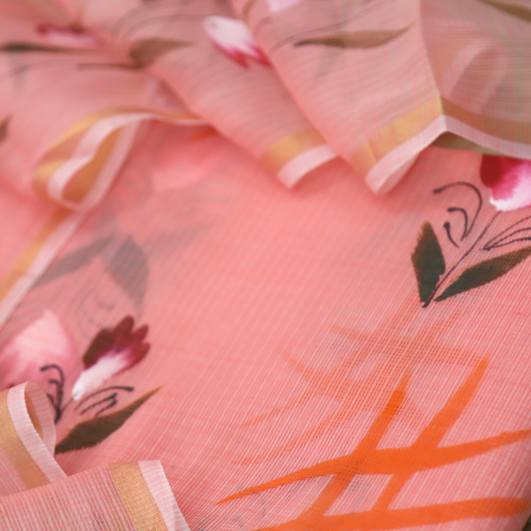 Udarri Coral Peach Floral Hand Painted Kota Doriya Suit Set